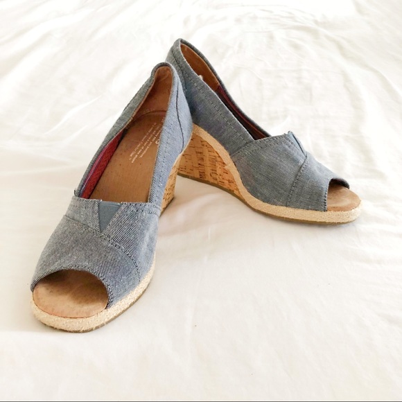 Toms Shoes - Toms Classic Wedge Peeptoe Denim Cork Espadrille